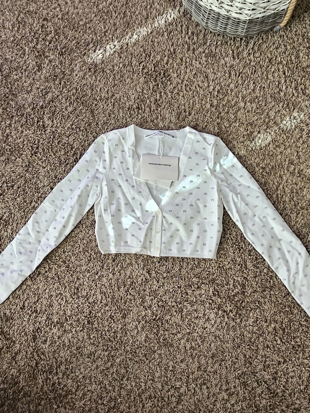 Alexander Wang White Embellished V-Neck Cropped Cardigan